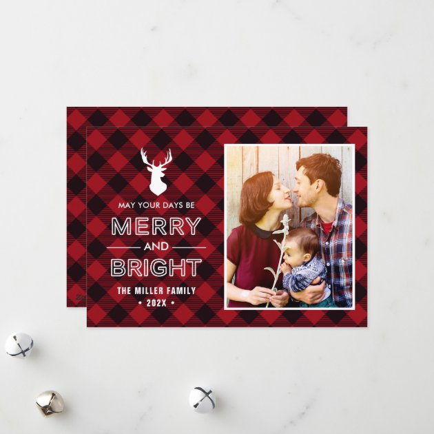 Red Buffalo Check Plaid Merry And Bright Photo Holiday Card