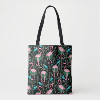 Flamingo Birds 20s Deco Ferns Pattern Black Pink Tote Bag
