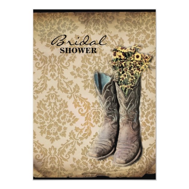 Damask wildflower Western country cowboy boots Invitation