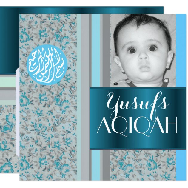 Muslim baby boy blue aqiqah photo invitation