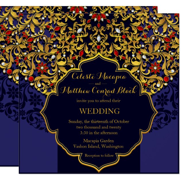 Lux Jeweled Gold Red Blue Hindu Wedding Invitation