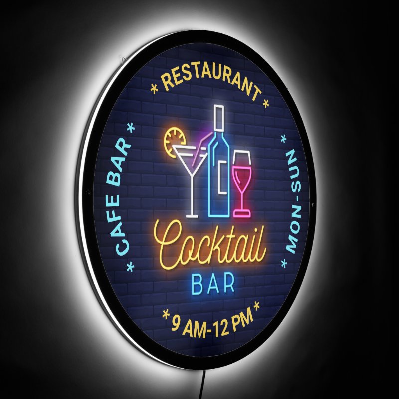 Cocktail Bar Neon Look Illustration, Custom Text L LED Sign (Angle)