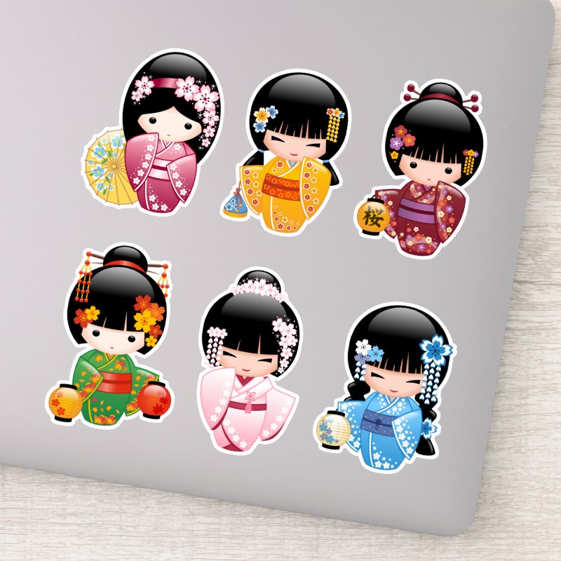 Kokeshi Dolls Set 1 - Japanese Kimono Geisha Girls Sticker (Detail)
