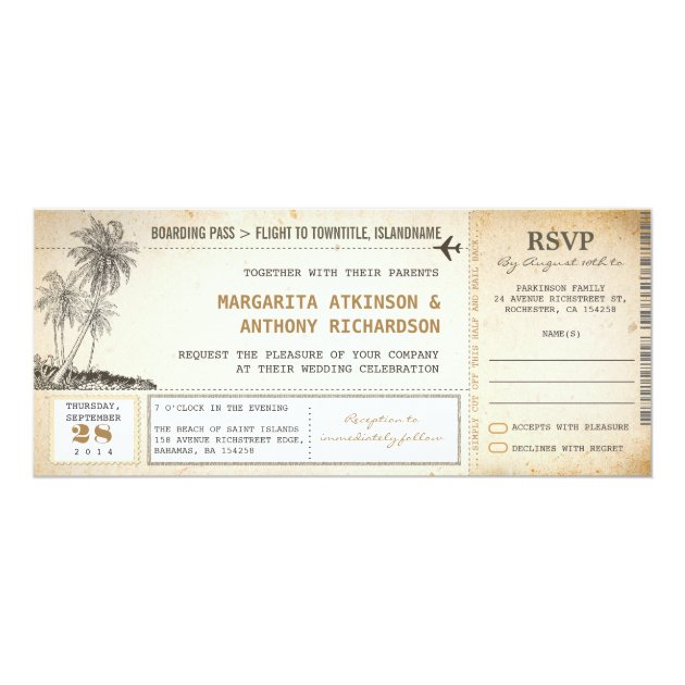 old boarding pass flight wedding invites with RSVP (front side)