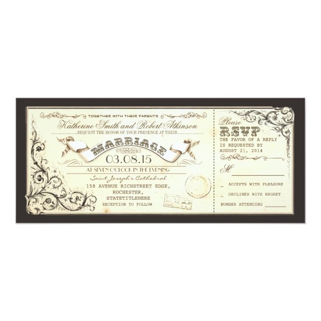 vintage wedding tickets with elegant flourishes invitation (front side)
