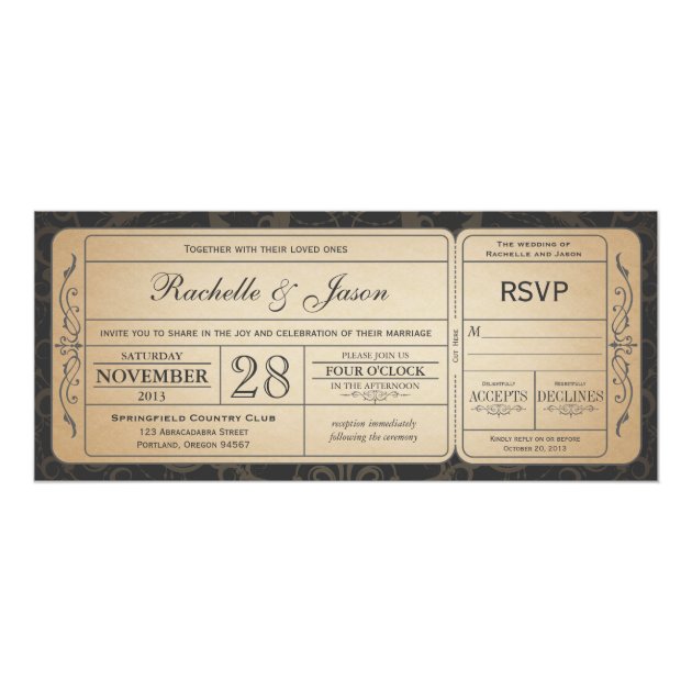 Vintage Wedding Ticket  Invitation with RSVP 3.0 (front side)