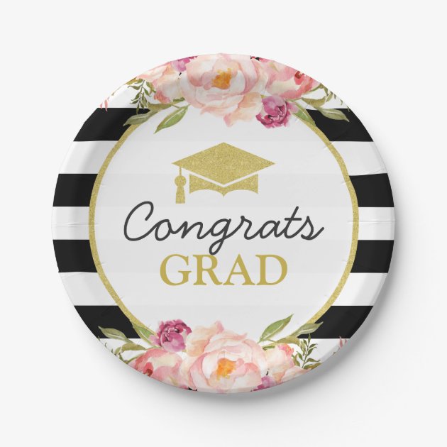 Stripes Floral Gold Congrats Grad Graduation Party Paper Plate