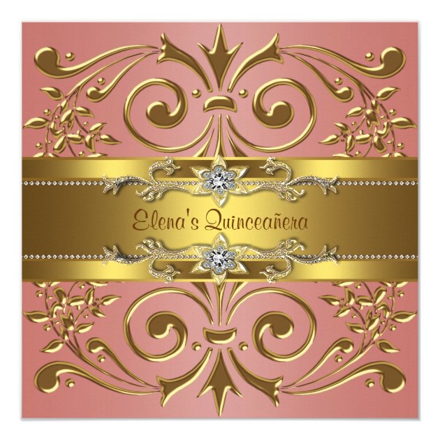 Elegant Coral and Gold Birthday Party Invitation (front side)