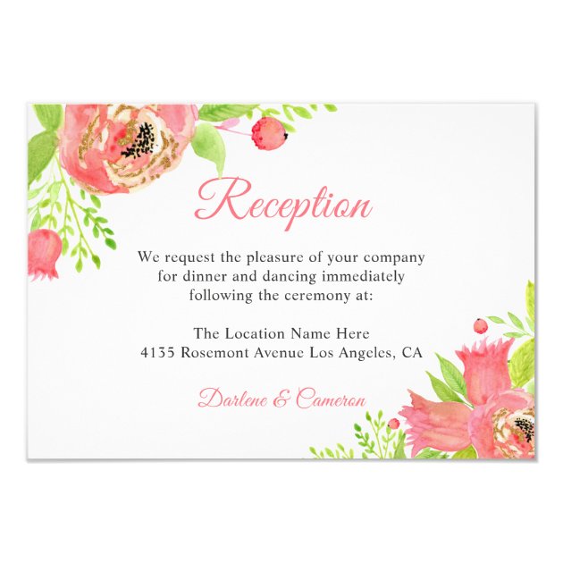 Watercolor Coral Pink Floral Wedding Reception Card