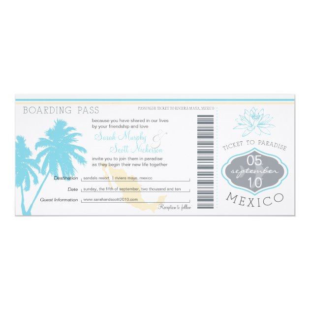 Ocean Blue Palm Tree  Mexico Wedding Boarding Pass Invitation
