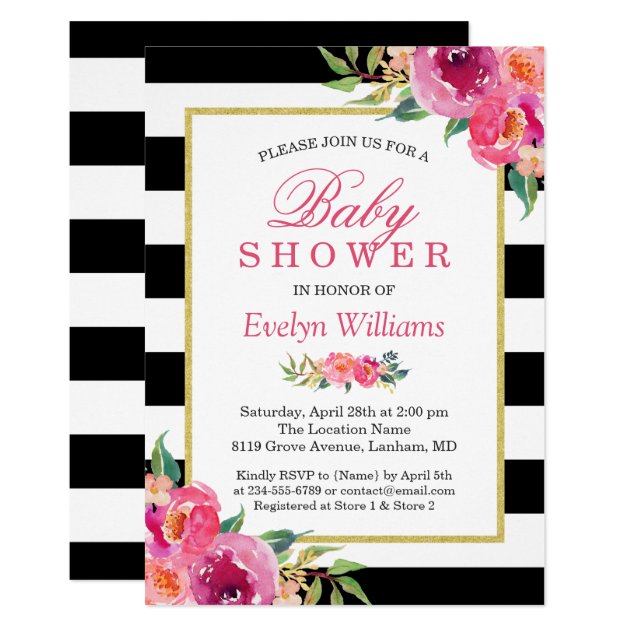 Baby Shower Fuchsia Purple Red Floral Stripes Card