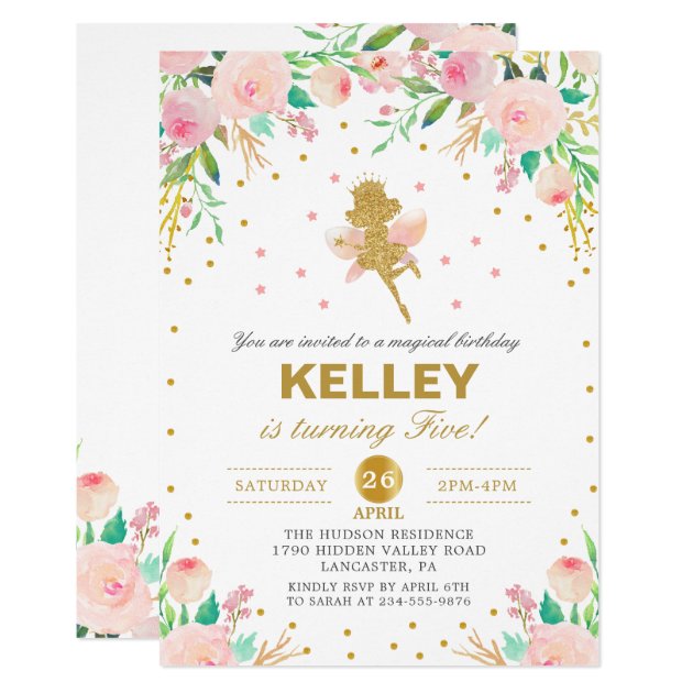 Fairy Birthday Invitation Pink Floral Girl Party