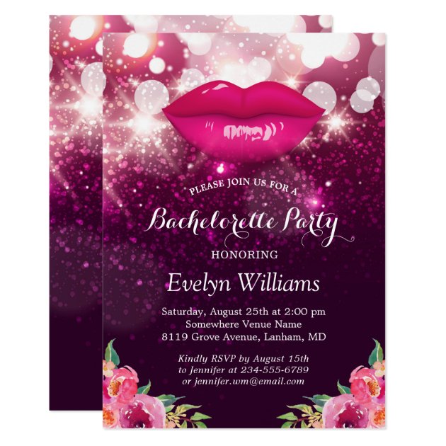 Bachelorette Party Pink Purple Glitter Lips Floral Invitation