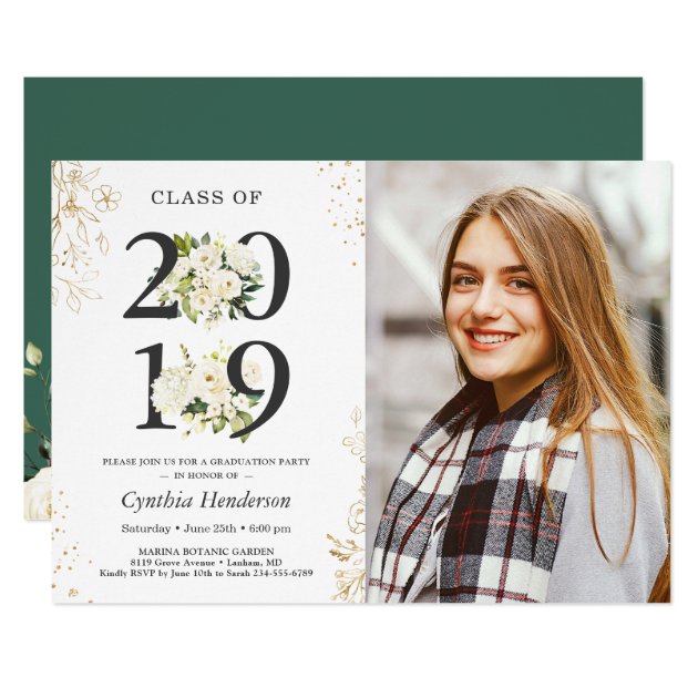 2019 Grad Photo Green White Rose Floral Graduation Invitation