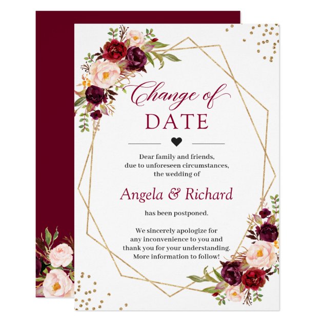 Change of Date Burgundy Red Floral Gold Geometric Invitation