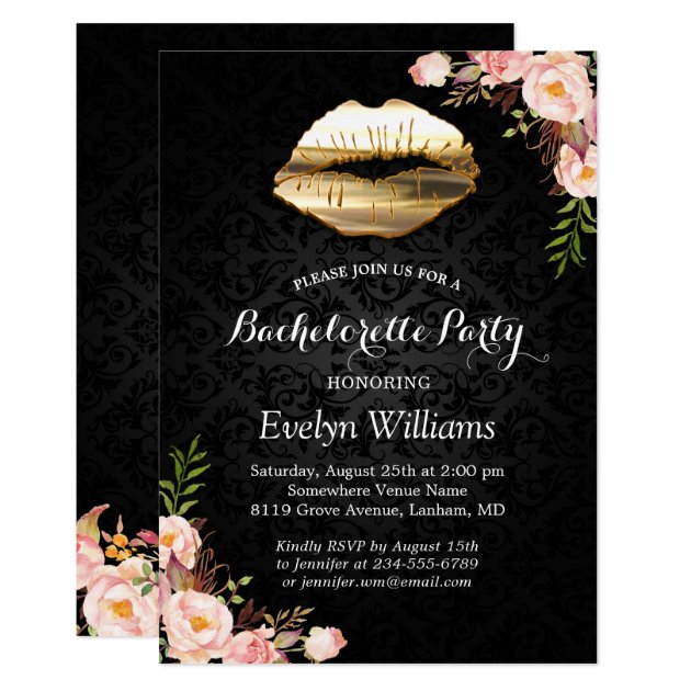 Bachelorette Party Gold Lips Damask Blush Floral Invitation