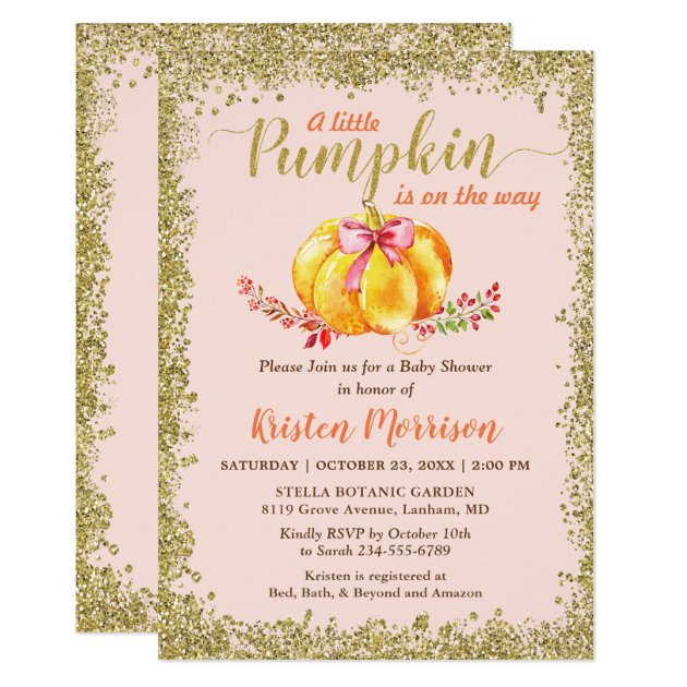 Little Pumpkin Blush Gold Glitter Fall Baby Shower Invitation