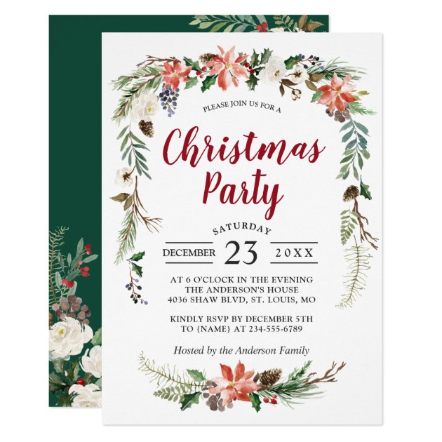 Poinsettia Holly Berries Floral Christmas Party Invitation