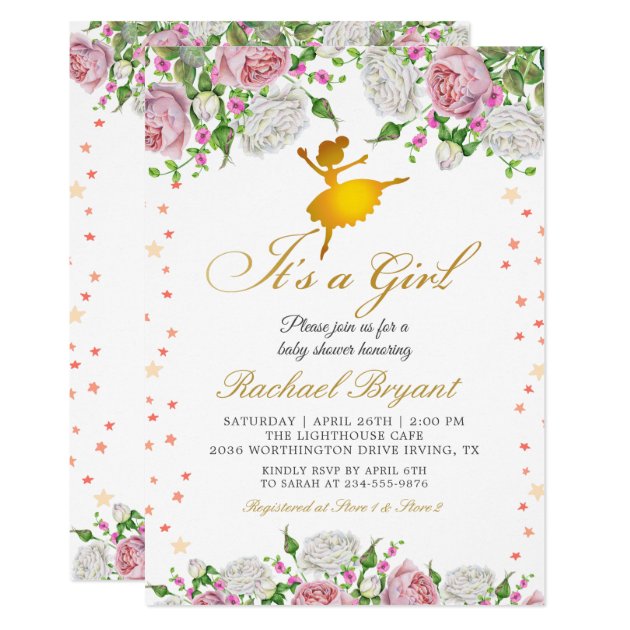 Gold Ballerina Its a Girl Floral Baby Shower Card (front side)