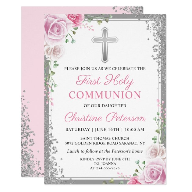 Pink Floral Silver Glitter First Holy Communion Invitation