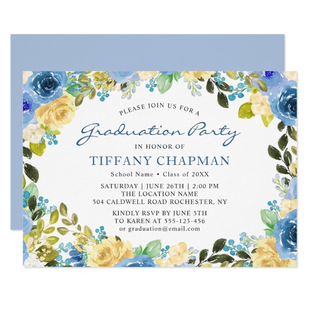 Beautiful Blue Yellow Floral Graduation Party Card