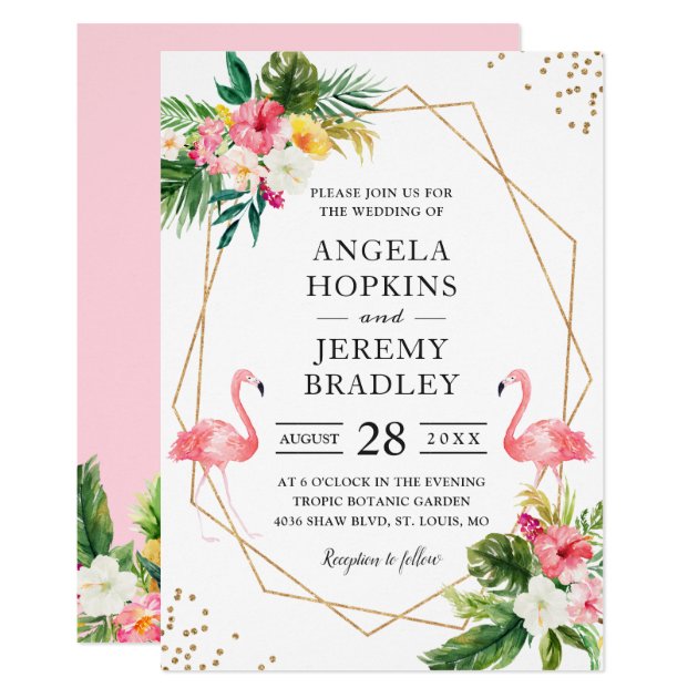 Tropical Floral Gold Frame Flamingo Summer Wedding Invitation