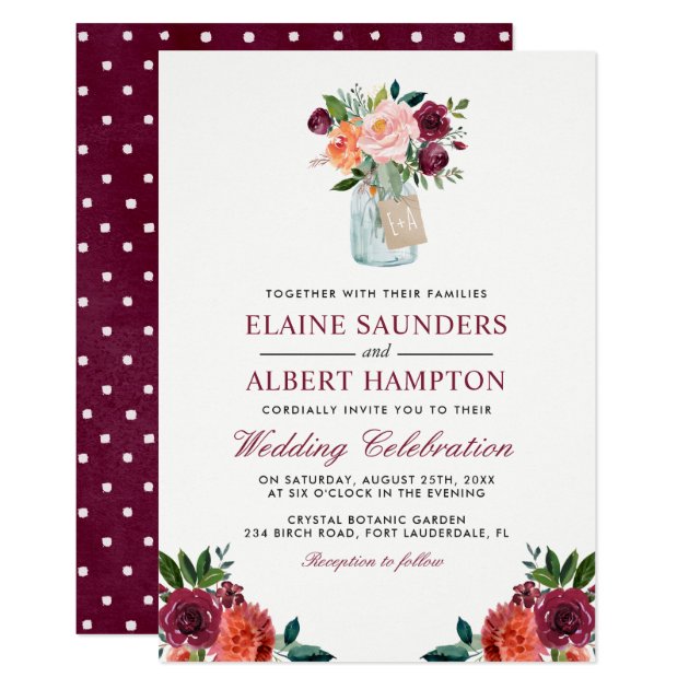 Burgundy Blush Pink Flowers Mason Jar Wedding Card