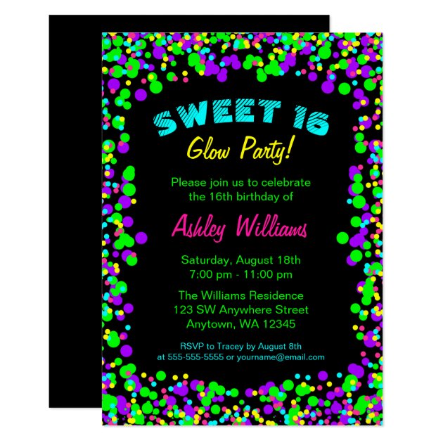 Sweet 16 Neon Glow Confetti Birthday Party Invitation
