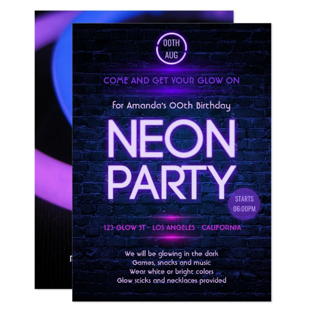 Glow in the Dark Neon themed party invitation