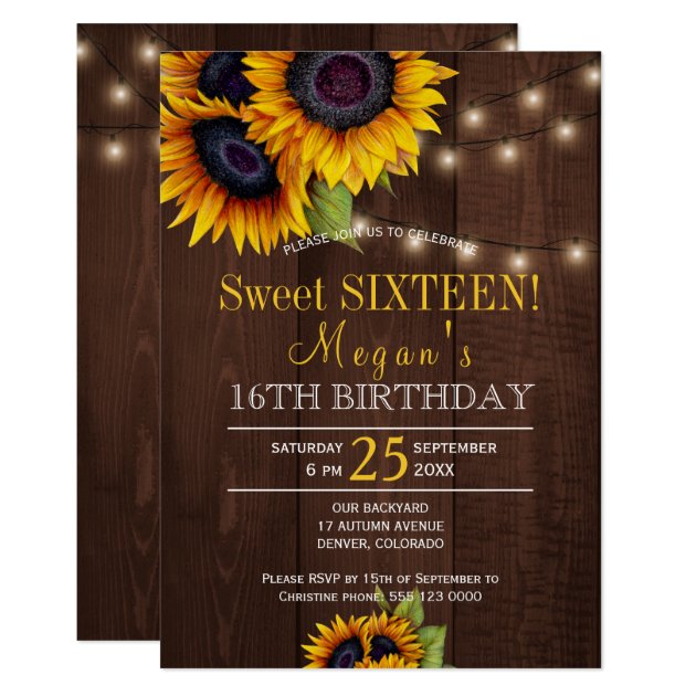 String lights sunflowers chic rustic sweet sixteen invitation