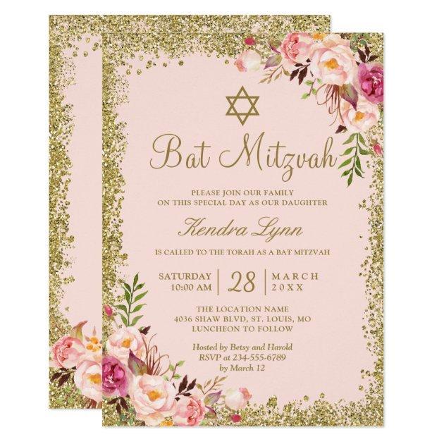 Bat Mitzvah | Gold Glitters Blush Pink Floral Invitation