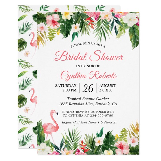 Watercolor Flamingo Tropical Floral Bridal Shower Invitation