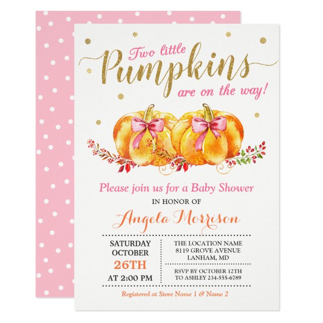 Twin Girl Baby Shower Cute Pink Little Pumpkin Invitation