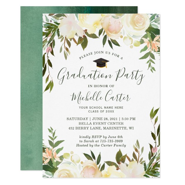 Neutral White Greenery Floral Graduation Party Invitation