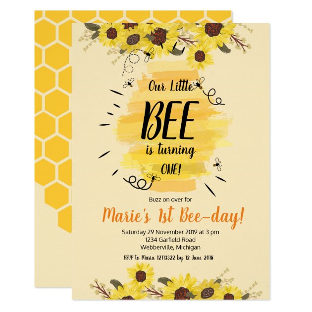 Bee Sunflower 1st Birthday Party Invitation