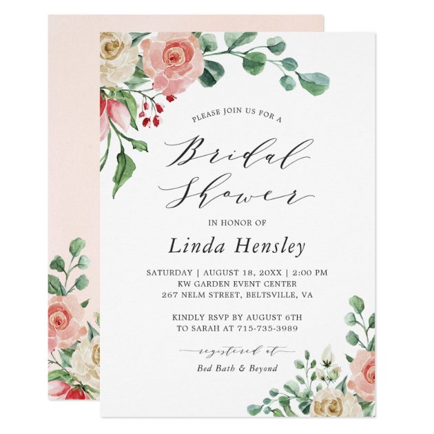 Hand Drawn Watercolor Rose Floral Bridal Shower Invitation