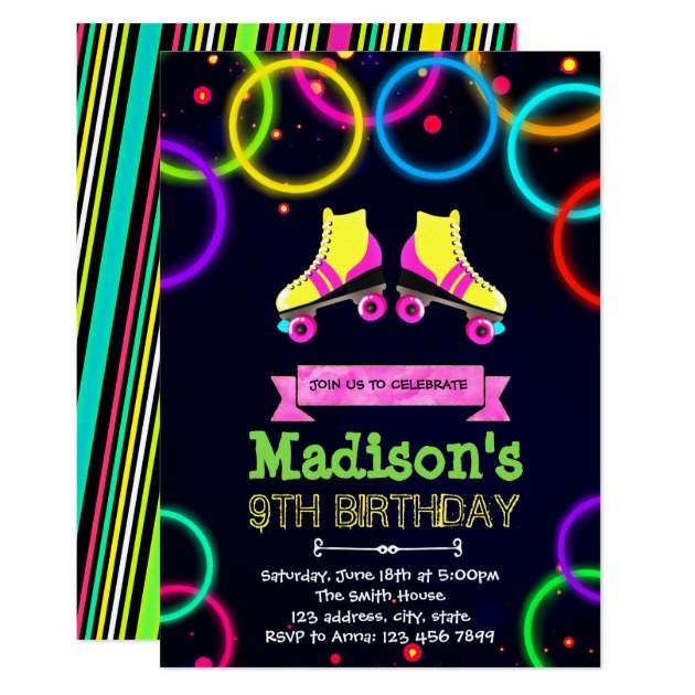 Cute glow roller skate party invitation