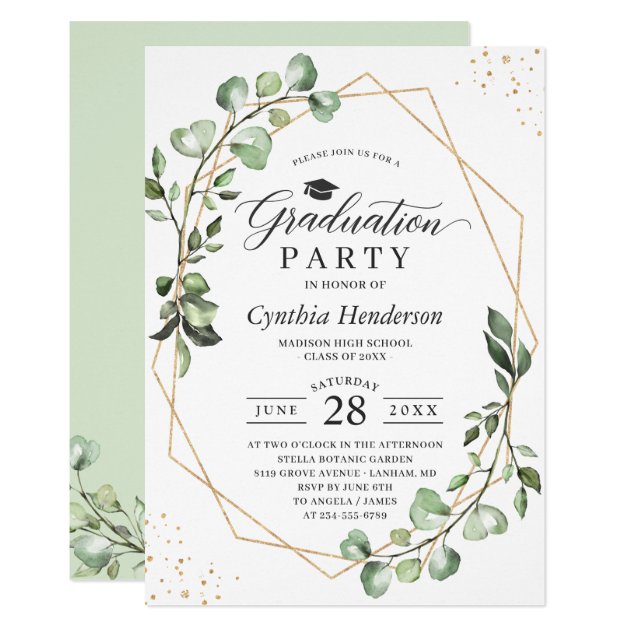 Greenery Eucalyptus Geometric Graduation Party Invitation