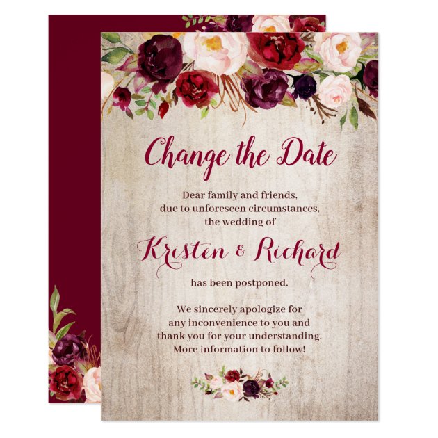 Rustic Burgundy Red Floral Change the Date Card