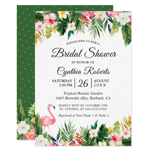 Flamingo Tropical Palm Leaves Floral Bridal Shower Card