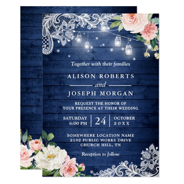 Classic Blue String Lights Floral Rustic Wedding Invitation