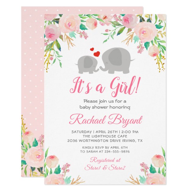 Elegant Pink Floral Girl Elephant Baby Shower Invitation