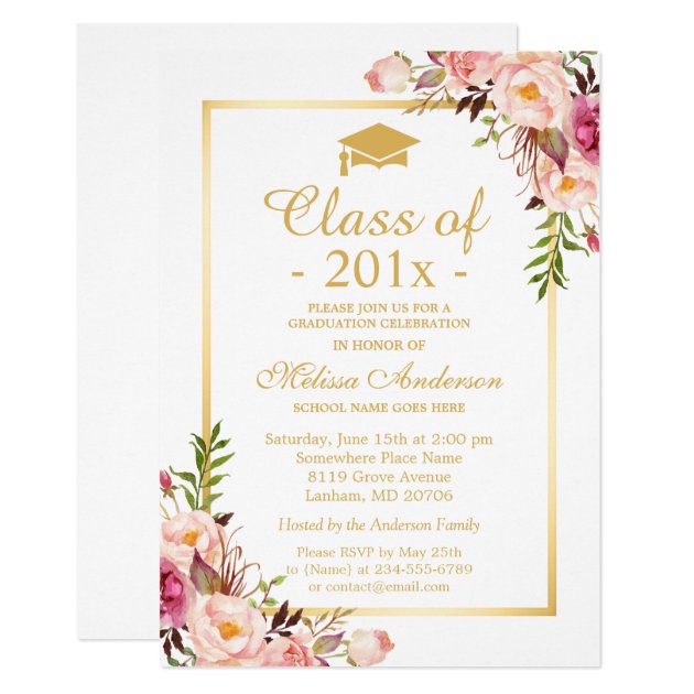 Class Of 2018 Graduation Elegant Chic Floral Gold Invitation