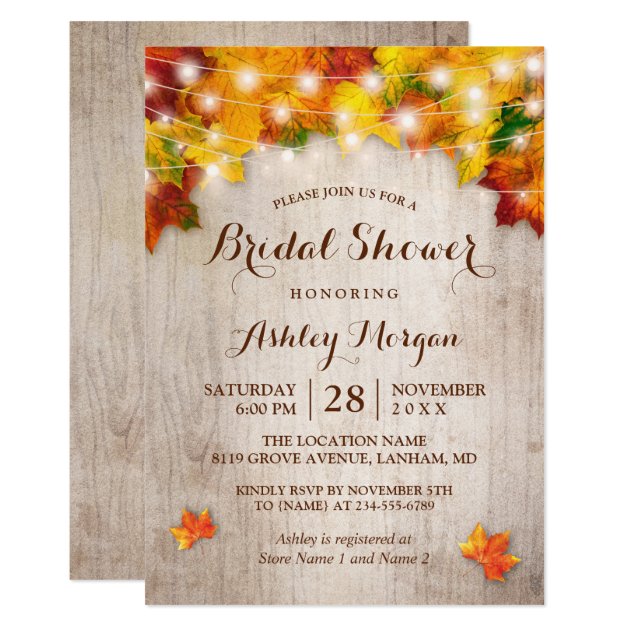 Rustic Autumn Leaves String Lights Bridal Shower Invitation
