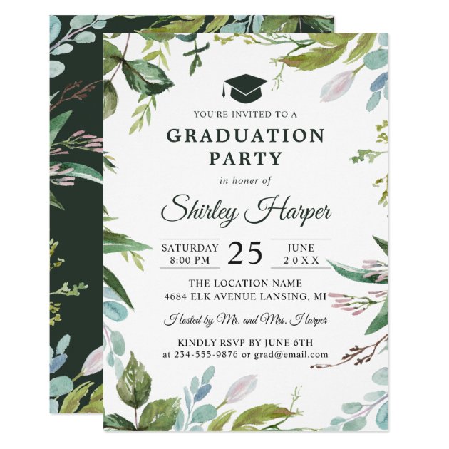 Modern Watercolor Greenery Floral Graduation Party Invitation