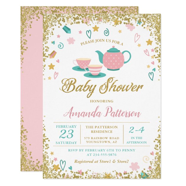 Pink Gold Glitter Tea Party Baby Shower Invitation