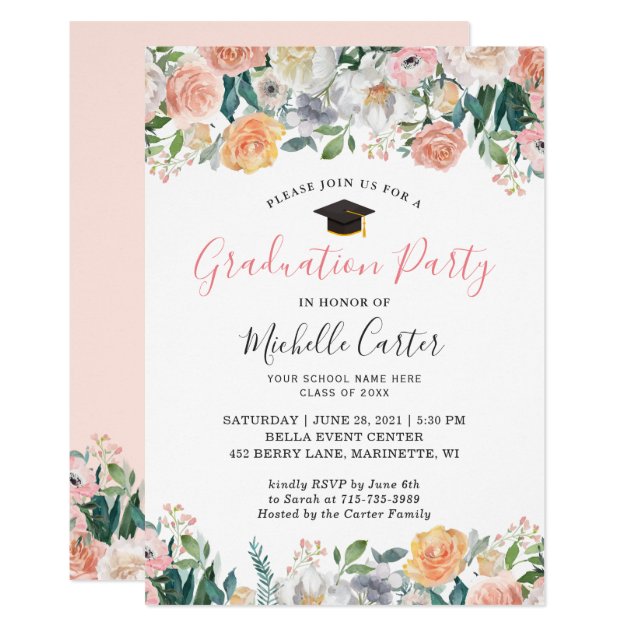 Graduation Party Elegant Garden Bloom Roses Floral Invitation