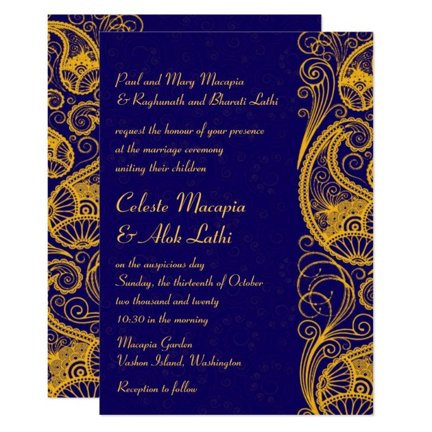 Royal Blue Gold Paisley Hindu Indian Wedding Invitation