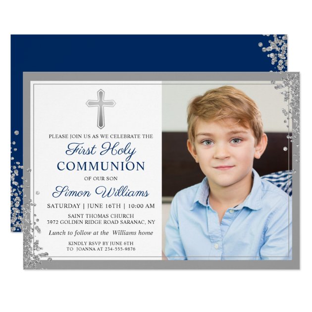 Silver Glitter Navy Blue 1st Holy Communion Photo Card