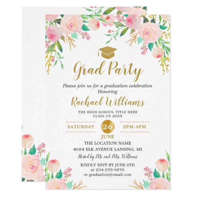 Chic Watercolor Floral Pink Gold Graduation Party Card